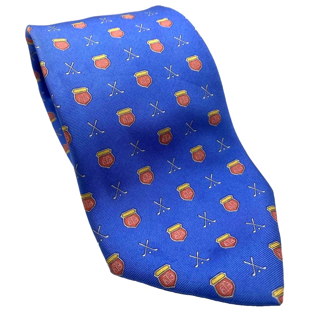 VTG Brooks Brothers Country Club Men's Tie Blue w/ Golf Clubs Check BB Logo LONG